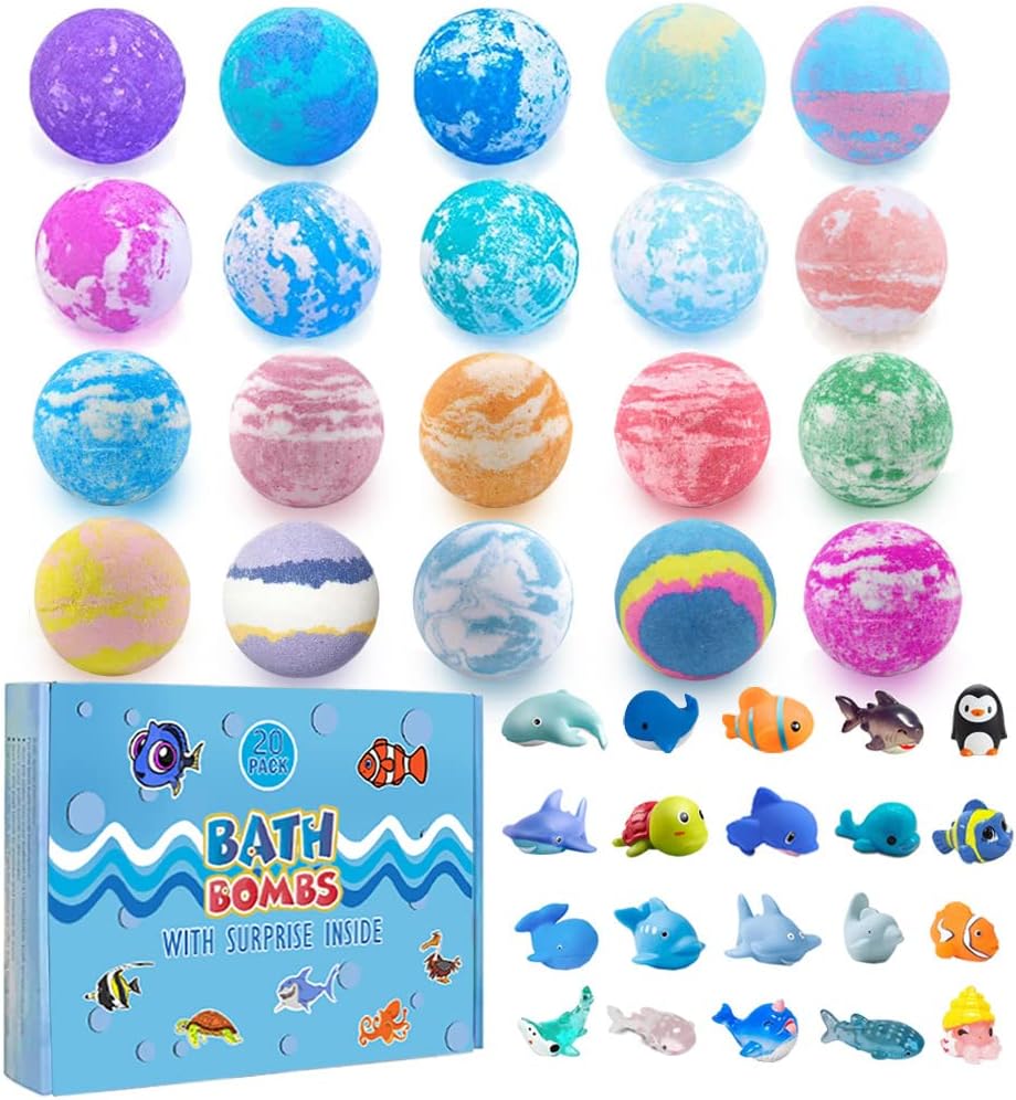 Bath Bomb Gift Set with Surprise Inside, 20 Pack Organic Bath Bombs for Kids, Kids Safe Handmade Fizzy Balls for Kid, Ideal Birthday Gift for Kids, Boys, Girls