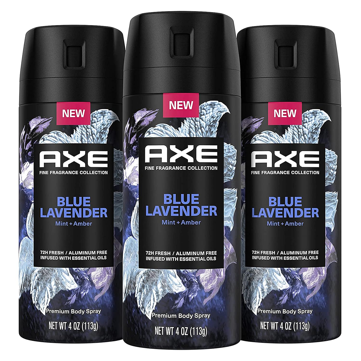 AXE Blue Lavender Premium Deodorant Body Spray - 72H Odor Protection, Infused With Lavender, Mint, and Amber Oils, 3 Count, 4oz Each