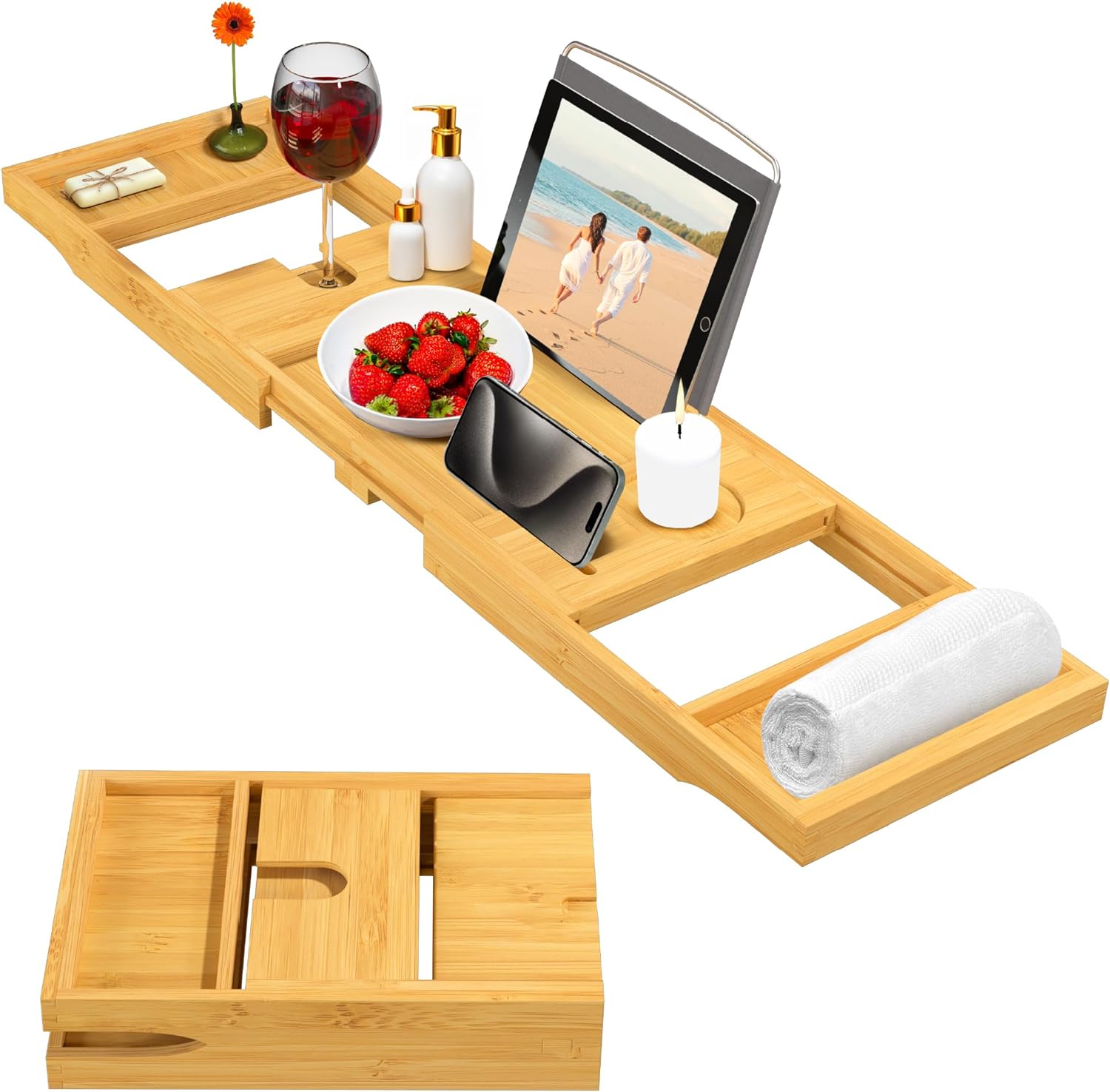 BambŸsi Bathtub Tray Table - Collapsible & Adjustable Bathtub Caddy - Space-Saving Folding Bath Tub Tray - Bamboo Wood Bathtub Accessories - Unique Valentines Day Gifts for Women or Men